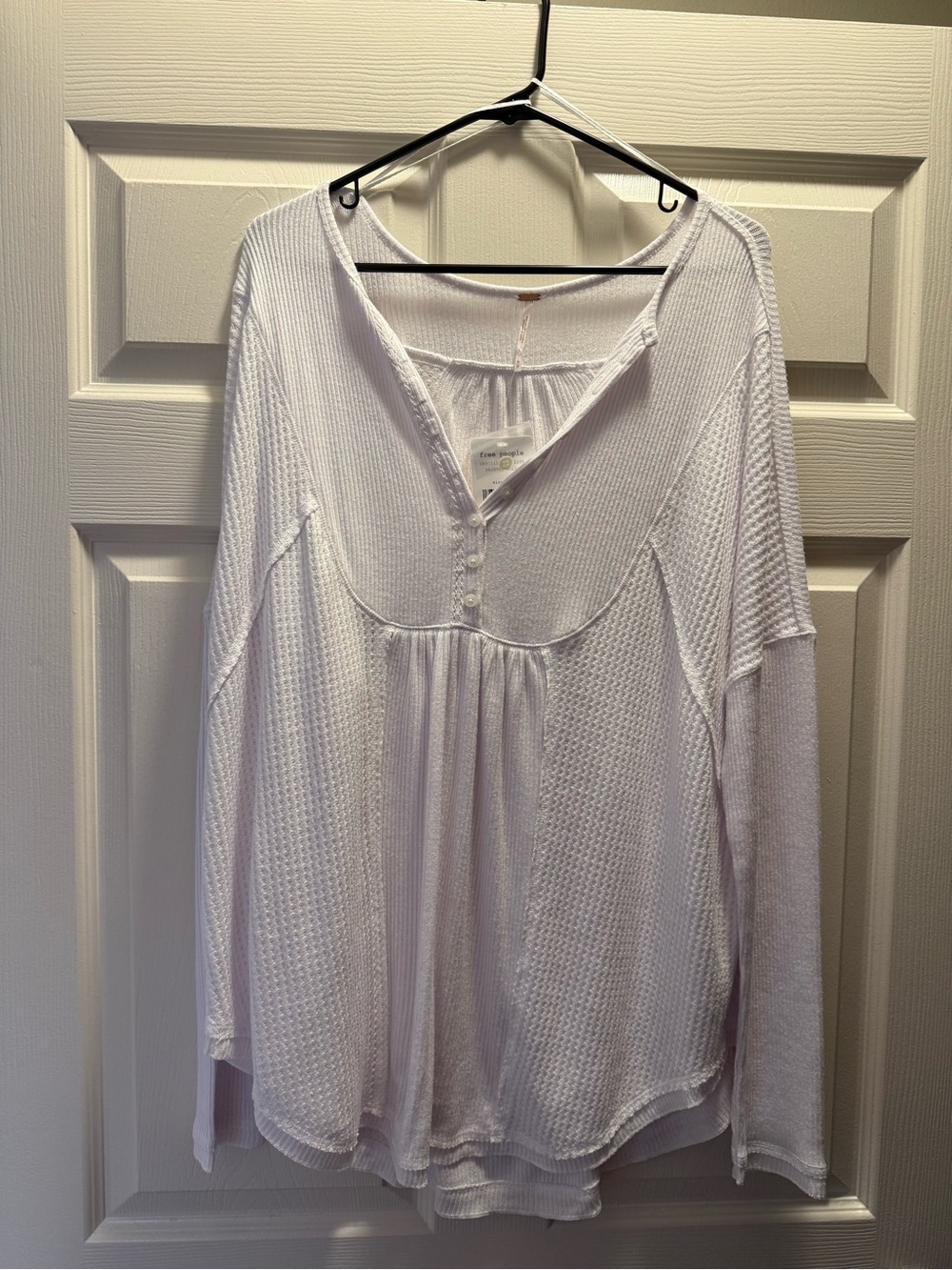 Free People White Textured Waffle Henley Long Sleeve Top